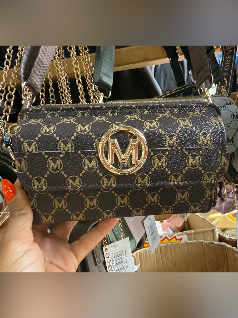 Monogram Dark Brown Crossbody Bag with Gold Accent